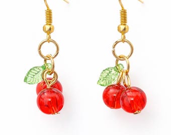Röda körsbärsörhängen – Sommarfruktsmycken – Glaspärlor – Rostfritt stål – Trendig present till kvinnor
