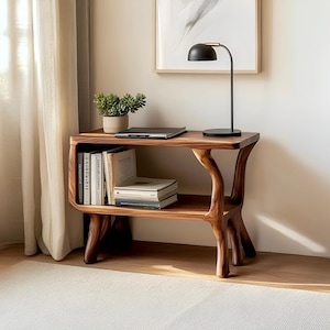 Mesa lateral rústica minimalista moderna com pés de madeira maciça.