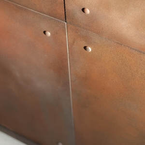 May include: Close-up of a section of a weathered, rust-colored metal surface. The metal is divided into panels, with rivets securing them. The texture is rough and aged, with variations in color from light to dark brown.