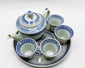Blue White Celadon Chinese Tea Set Teapot 4 Cups Tray Vintage Style