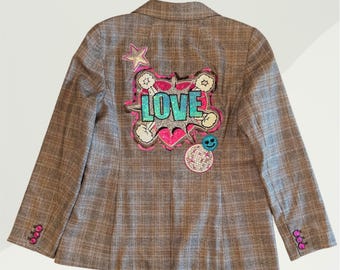 Hand Painted Plaid Blazer – One of a Kind Graffiti Jacket – Love Wins Statement Blazer – Women’s Size L – Upcycled Artistic Jacket