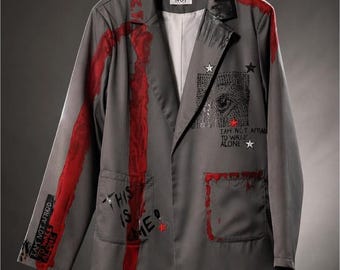 Hand Painted Gray Blazer, Avant Garde Statement Jacket, Wearable Art Fashion Piece