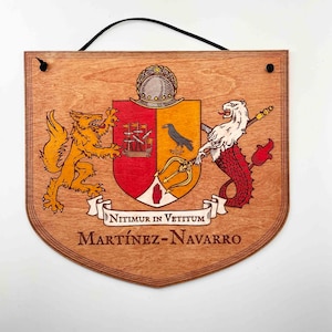 Hand Painted and Stained Family Crest - Natural Birch Wood - Large Coat of Arms Shield, Engraved Name Coat of Arms