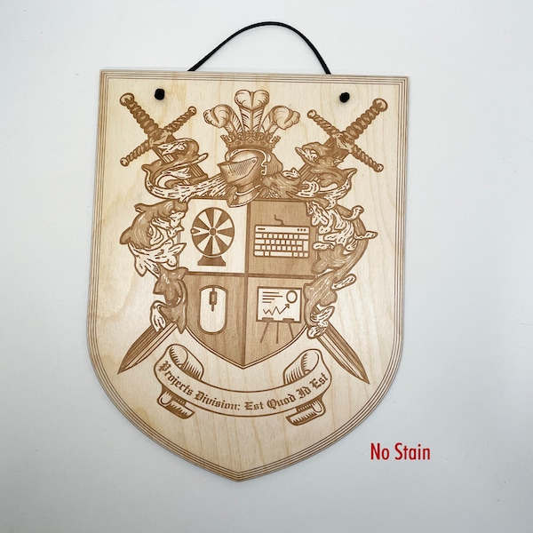 Kundenspezifisches Familienwappen-natürliches Birkenholz-großes Wappen-Schild, eingraviertes Namenswappen