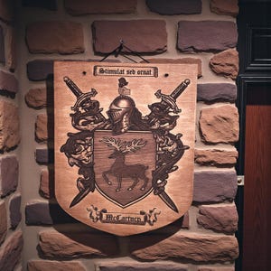 Custom Engraved Family Crest Shield: Natural Birch Wood Coat of Arms