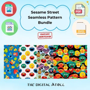 Könnte beinhalten: Ein digitales Bundle mit nahtlosen Mustern von Sesame Street. Das Bild zeigt verschiedene Musterdesigns mit Charakteren wie Elmo und Krümelmonster. Der Text lautet "Sesame Street Seamless Pattern Bundle" und "Instant Download."