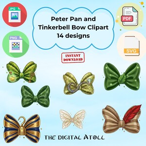 Puede incluir: Conjunto de imágenes prediseñadas digitales con diseños de lazos de Peter Pan y Campanilla. La imagen muestra varias ilustraciones de lazos en verde, dorado y marrón, con detalles como una llave, una hoja y una pluma. El texto dice "Peter Pan and Tinkerbell Bow Clipart 14 designs."