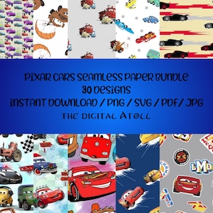 Può includere: Un pacchetto di carta digitale con 30 disegni di personaggi di Cars Pixar. I disegni includono varie auto, motivi e testo. Il testo sull'immagine recita "PIXAR CARS SEAMLESS PAPER BUNDLE" e "INSTANT DOWNLOAD".