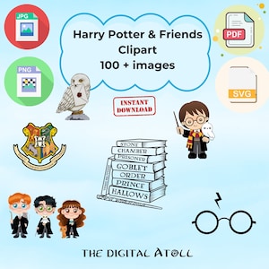May include: Digital clipart set featuring Harry Potter characters and elements. Includes illustrations of Harry, Hermione, Ron, Hedwig, Hogwarts crest, books, glasses, and file type icons. The text reads "Harry Potter & Friends Clipart 100+ images" and "Instant Download."