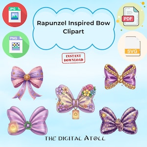 Op de afbeelding: Digitale clipart met verschillende op Rapunzel geïnspireerde strikken in paars, roze en goud. De strikken zijn versierd met bloemaccenten, glitter en een lantaarnbedel. De afbeelding bevat pictogrammen voor bestandstypen en de tekst "Rapunzel Inspired Bow Clipart" en "Instant Download".
