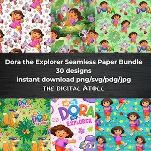 Puede incluir: Una colección de diseños de papel sin costuras con Dora la Exploradora. Los diseños incluyen a Dora, Botas y otros personajes en varias escenas. Se muestra el texto "Dora the Explorer Seamless Paper Bundle", junto con "30 designs" y "instant download png/svg/pdg/jpg".