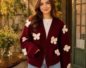 Handmade Burgundy Floral Crochet Cardigan, Chunky Knit Sweater, Cottagecore Layer