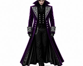 Frac de terciopelo gótico morado para hombre, abrigo de príncipe vampiro, chaqueta larga victoriana bordada de fantasía.