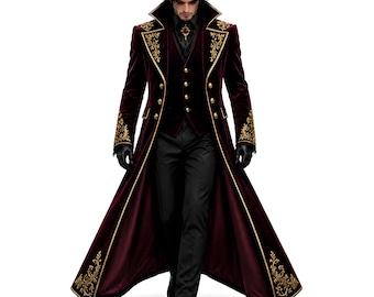 Abrigo gótico de terciopelo burdeos para hombre, frac militar victoriano, chaqueta larga formal steampunk con bordado dorado.