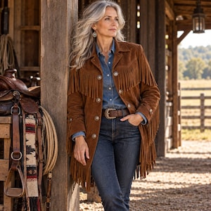 May include: A brown suede jacket featuring long fringe detailing across the chest, back, and sleeves. The jacket includes a collared neckline, silver-toned metal buttons down the front, and long sleeves. It is worn over a blue button-down shirt and dark denim jeans.