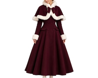 Vestido largo estilo abrigo victoriano color burdeos, conjunto de invierno con capa y ribete de piel sintética.