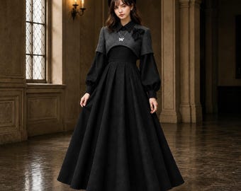 Vestido largo gótico victoriano hecho a mano, vestido de manga larga de estilo academia oscura