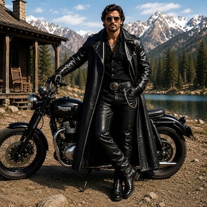 May include: A black Triumph motorcycle with a rider in black leather attire, including a long coat, gloves, and pants. The scene is set outdoors with a lake, mountains, and a cabin in the background.