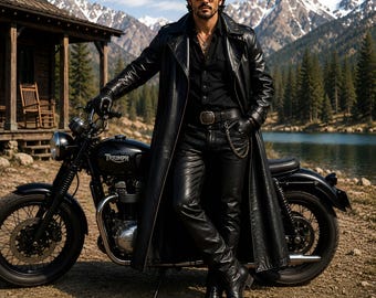 Abrigo largo de cuero negro para hombre: gabardina gótica de motociclista – Prenda de abrigo de estilo western para jinetes