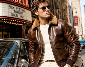 Chaqueta bomber de cuero marrón para hombre: abrigo vintage estilo aviador con cuello de borrego.
