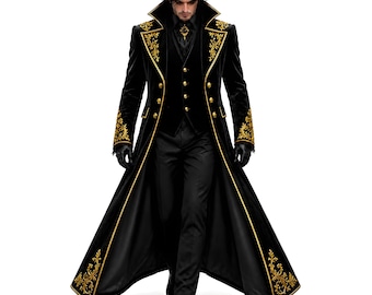 Abrigo militar victoriano negro para hombre con bordado dorado – Prenda de abrigo formal gótica steampunk