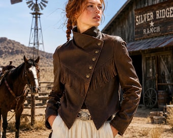 Chaqueta de cuero marrón con flecos: abrigo corto de vaquera estilo western, prenda de abrigo de motociclista estilo rancho.