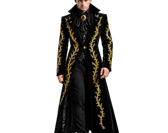 Frac gótico de terciopelo negro para hombre: Chaqueta victoriana steampunk con bordado dorado