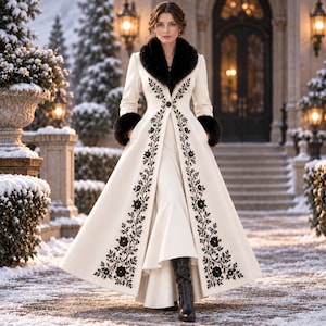 May include: A floor-length cream-colored coat featuring a black faux fur collar and cuffs, adorned with intricate black floral embroidery along the front opening, secured by a single central button, and paired with black leather boots.