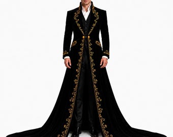 Men's Black Velvet Royal Cloak: Fantasy Gold Embroidery, Victorian Gothic Coat