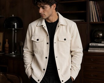 Chaqueta de camionero de pana color crema para hombre, sobrecamisa minimalista hecha a mano, abrigo estilo Old Money.
