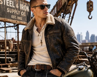 Chaqueta de motociclista de cuero desgastado para hombre, abrigo de moto vintage, cuello de borrego, estilo retro, ropa urbana para motociclistas.