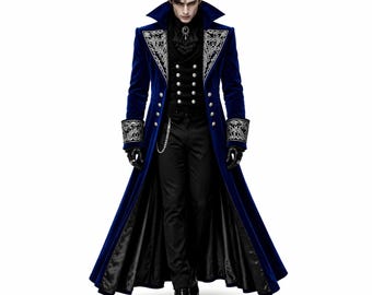 Frac de terciopelo gótico azul real para hombre, abrigo de príncipe vampiro, chaqueta larga victoriana bordada de fantasía.