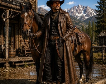 Abrigo largo de cuero marrón para hombre: gabardina vaquera estilo western, prenda de abrigo artesanal de estilo forajido.