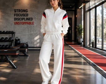 Conjunto deportivo retro blanco para mujer, conjunto de chándal deportivo a rayas rojas y azul marino.