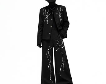 Black Embellished Suit Set – Tailored Jacket, Wide Leg Pants, Gothic Statement Outfit