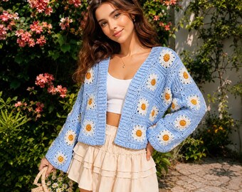 Handmade Blue Daisy Crochet Cardigan, Granny Square Knit Sweater, Cottagecore Boho Layer