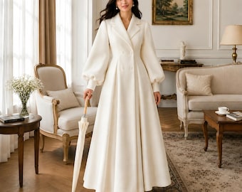 Vestido abrigo de princesa color marfil, vestido largo de novia hecho a mano, elegante recepción de boda estilo Regencia