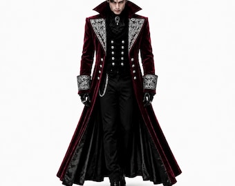 Frac gótico de terciopelo burdeos para hombre, abrigo de príncipe vampiro, chaqueta larga formal gótica victoriana bordada.