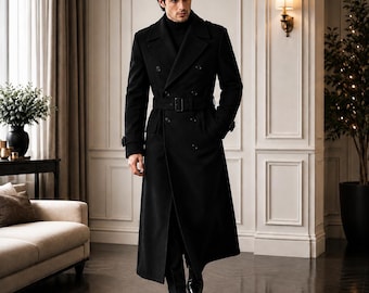 Gabardina negra de lana para hombre, abrigo cruzado, chaqueta de negocios de lujo.
