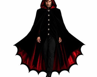 Capa de diablo de terciopelo para hombre, capa gótica con capucha y alas de murciélago, disfraz de Halloween.