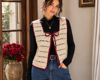 Pull sans manches au crochet fait main noué sur le devant, gilet bohème crème, superposition de haut cottagecore