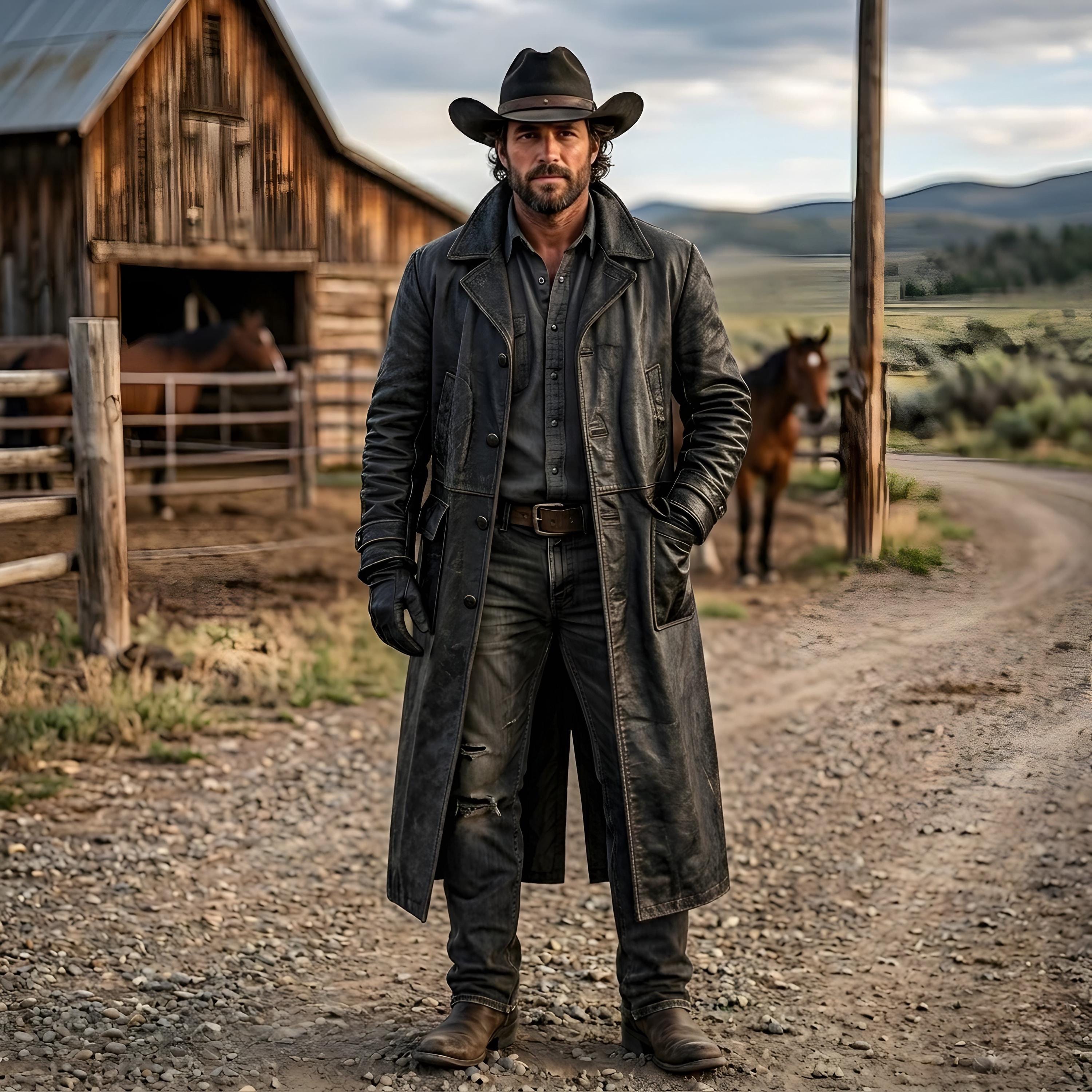 Men's Black Leather Western Duster Coat: Outlaw Rancher Trench Style