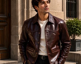 Chaqueta vaquera de cuero burdeos para hombre, estilo western vintage, prenda de abrigo elaborada artesanalmente.
