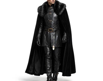 Capa medieval de piel negra para hombre, túnica de guerrero fantástico hecha a mano, atuendo de cosplay de rey gótico