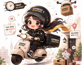 Imágenes prediseñadas PNG de envío exprés, gráficos de entrega kawaii (descarga digital)