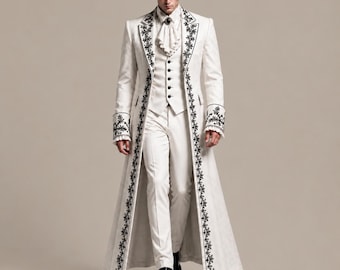 Traje de frac victoriano blanco para hombre, atuendo formal gótico de príncipe bordado.