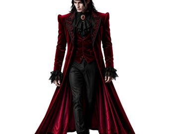 Frac gótico de terciopelo rojo para hombre: chaqueta larga victoriana steampunk