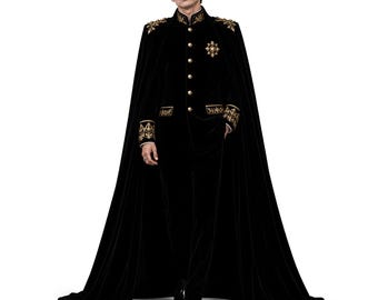 Black Velvet Royal Cape Suit, Gold Embroidered Military Prince Formal Attire