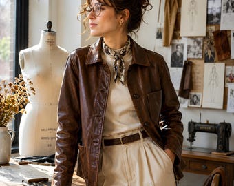 Women’s Brown Leather Jacket Vintage Minimalist Coat Classic Casual Retro Fashion Tailored Everyday Outerwear