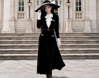 Vestido largo gótico victoriano hecho a mano, terciopelo negro,